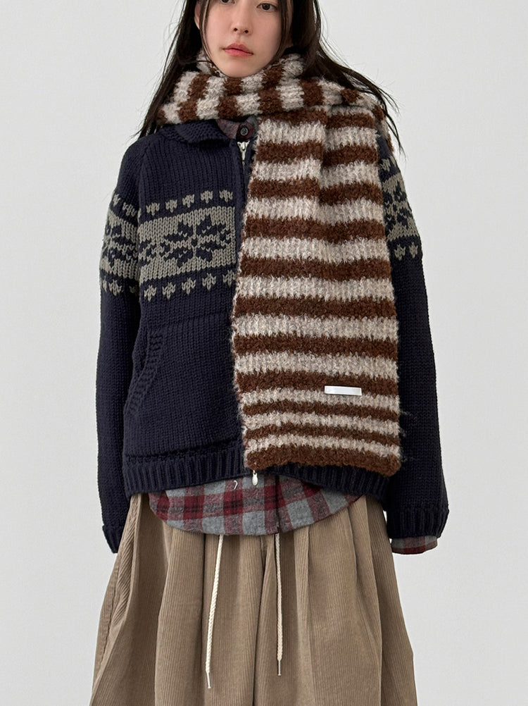 撞色花紋雙拉鏈針織外套