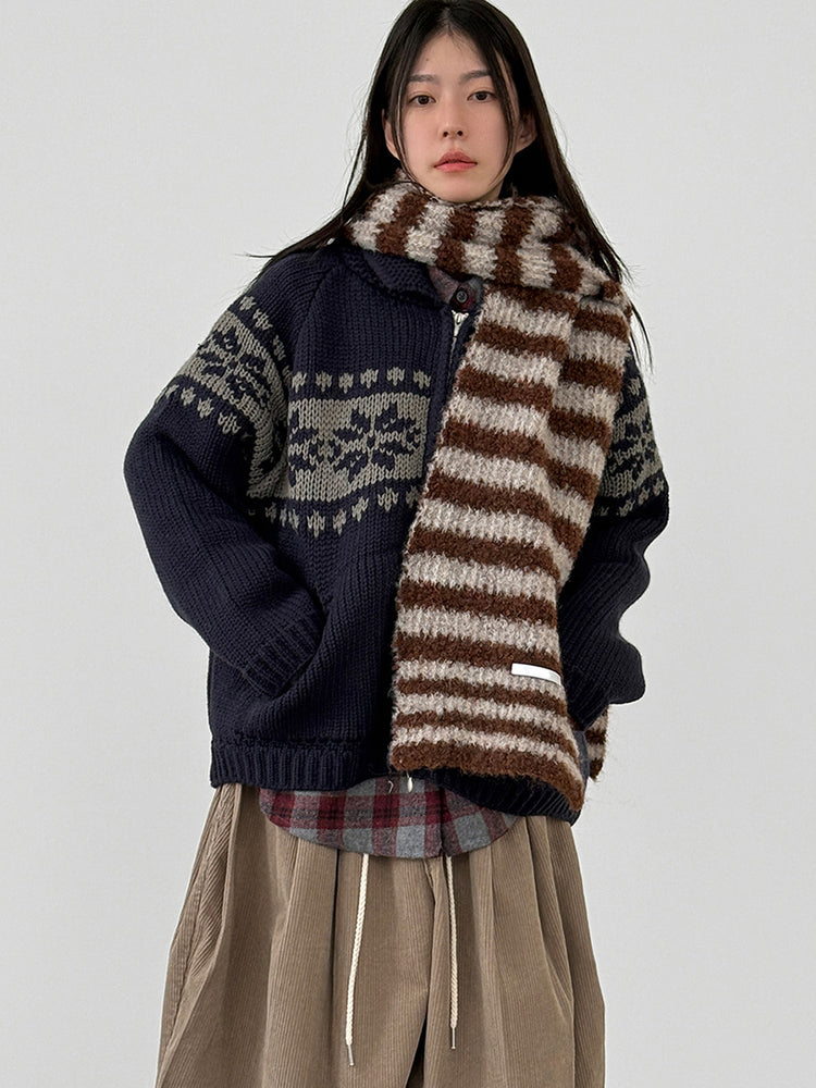 撞色花紋雙拉鏈針織外套