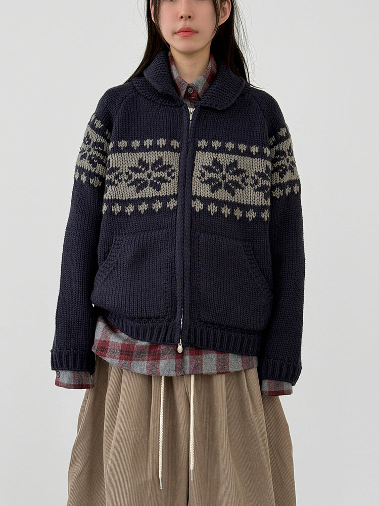 撞色花紋雙拉鏈針織外套