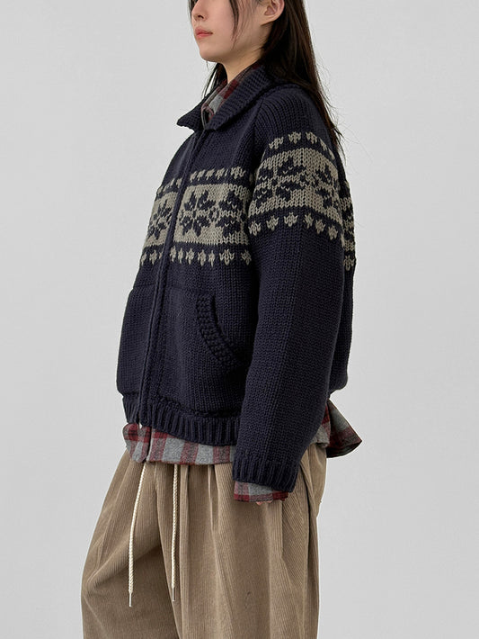 撞色花紋雙拉鏈針織外套