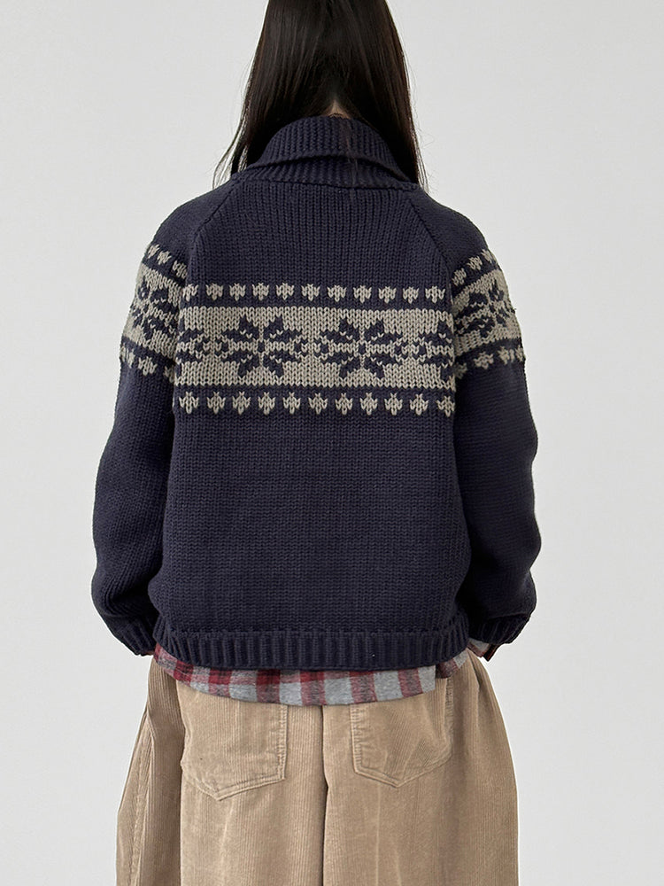 撞色花紋雙拉鏈針織外套