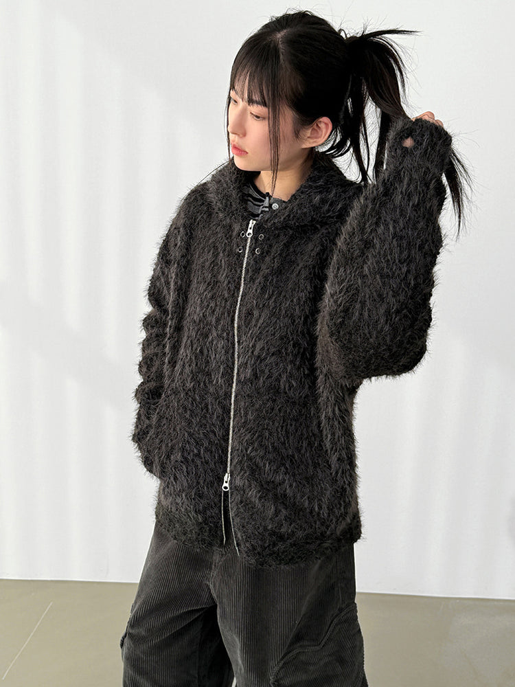 毛絨雙拉鏈鐵環細節連帽外套