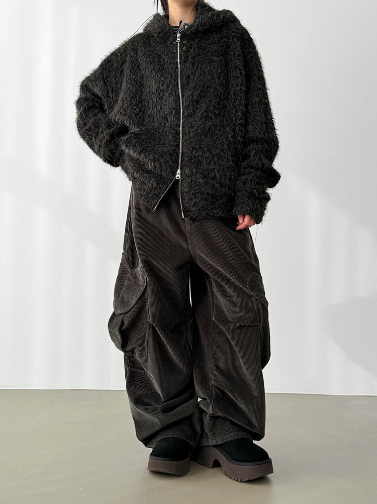 毛絨雙拉鏈鐵環細節連帽外套