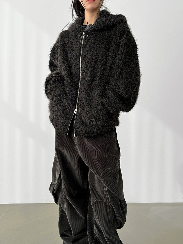 毛絨雙拉鏈鐵環細節連帽外套