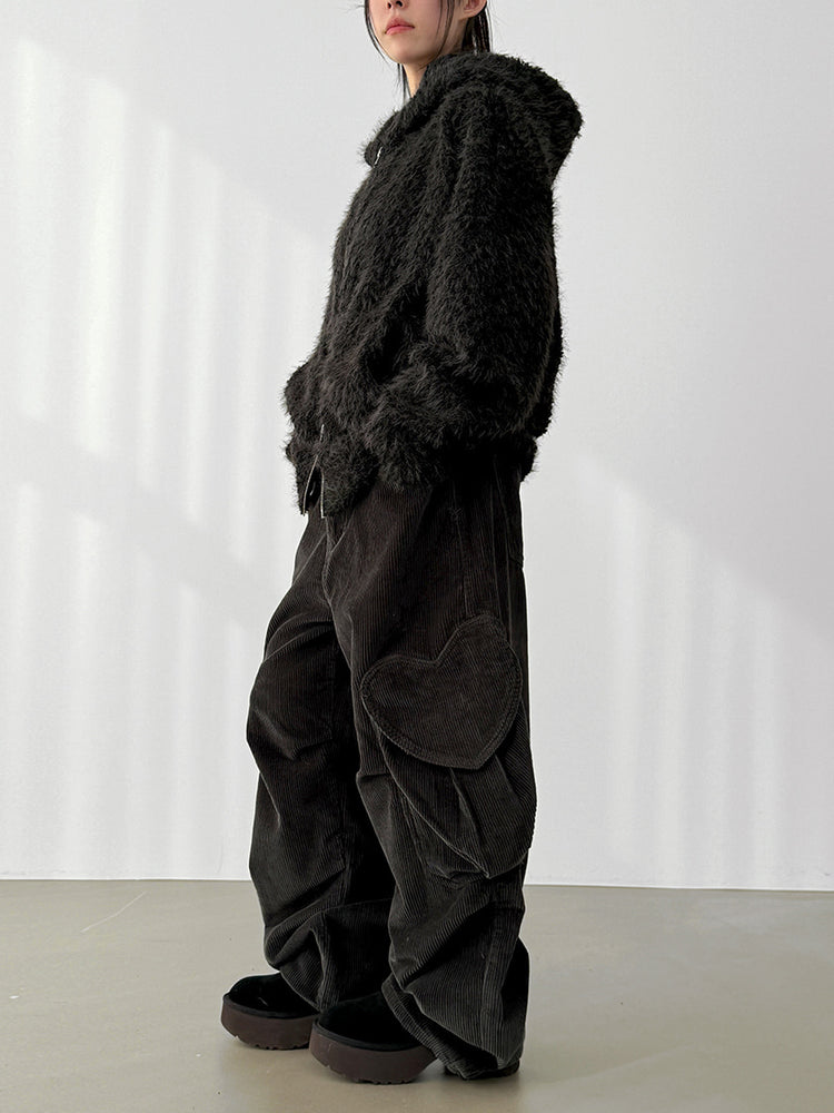 毛絨雙拉鏈鐵環細節連帽外套