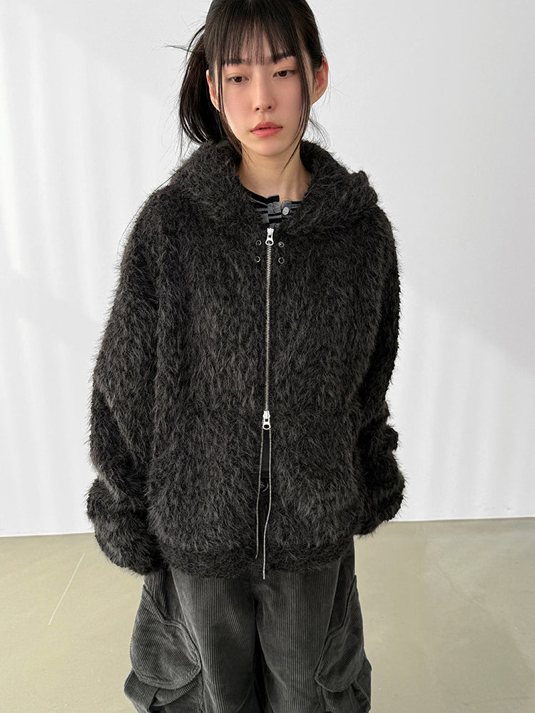 毛絨雙拉鏈鐵環細節連帽外套