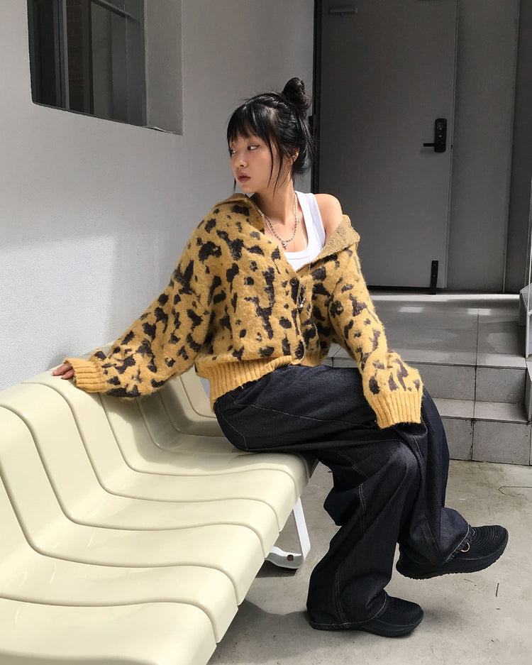 豹紋紋理細節針織外套