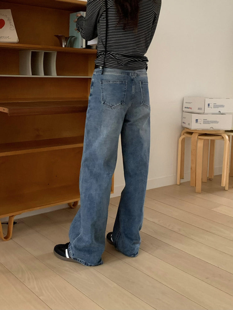 基礎復古美刷色直筒牛仔褲