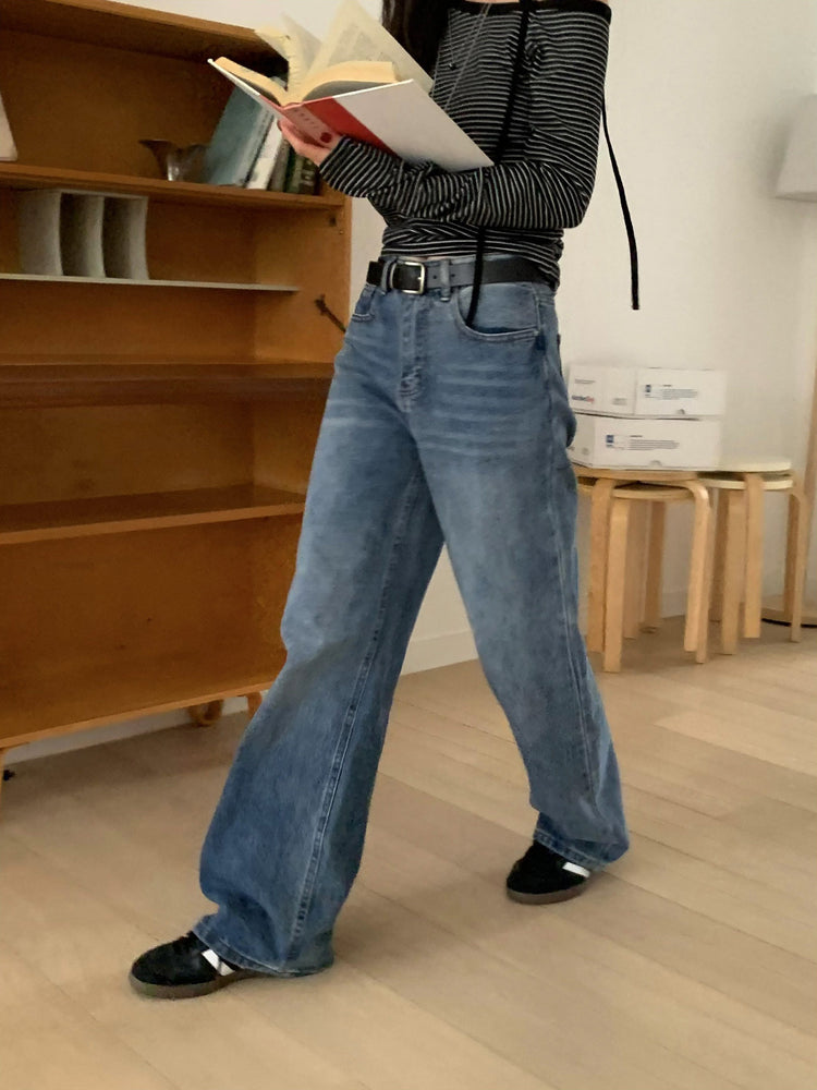 基礎復古美刷色直筒牛仔褲