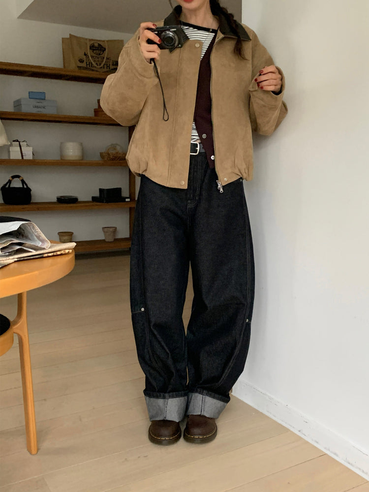 撞色皮領麂皮外套