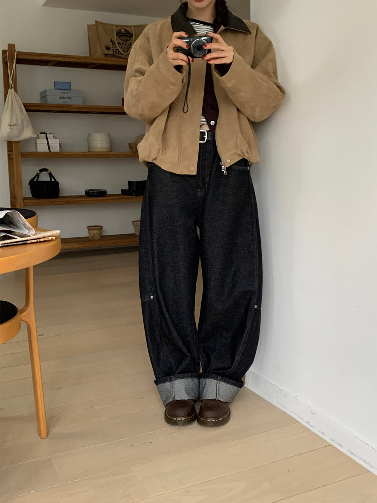 撞色皮領麂皮外套