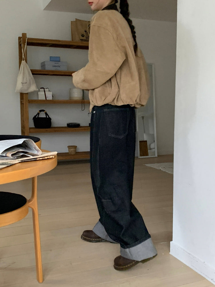 撞色皮領麂皮外套