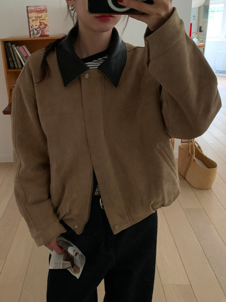 撞色皮領麂皮外套