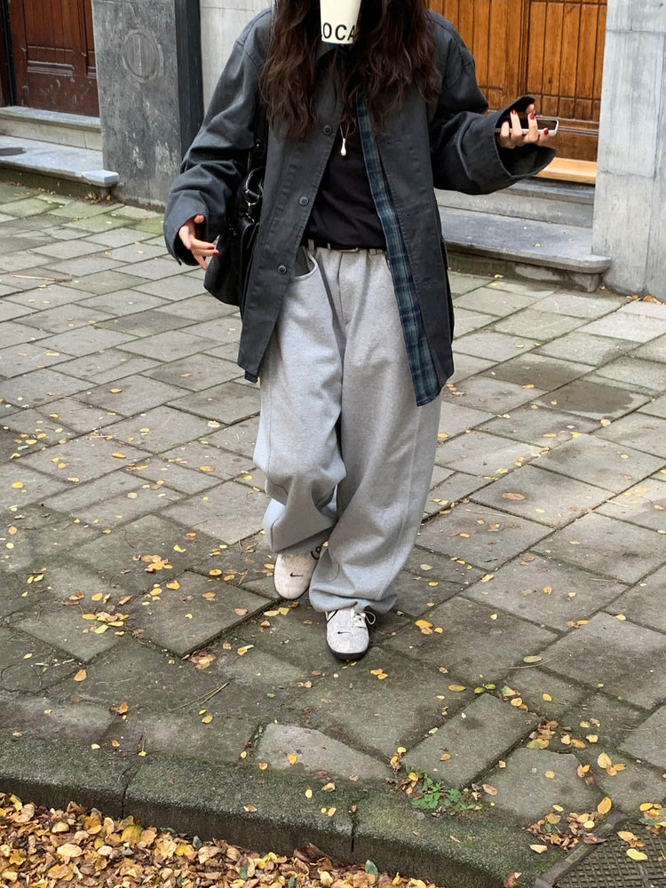 Unisex皮帶扣細節廓形棉褲