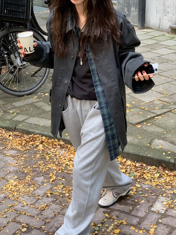 Unisex皮帶扣細節廓形棉褲