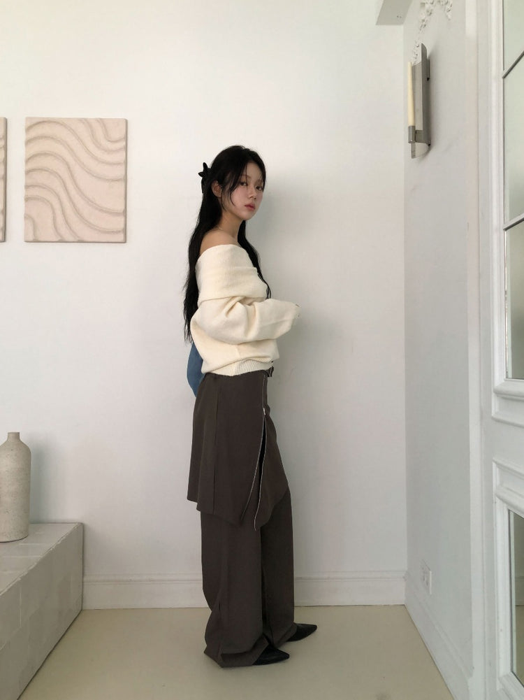 美肩下擺扣鈕細節針織上衣