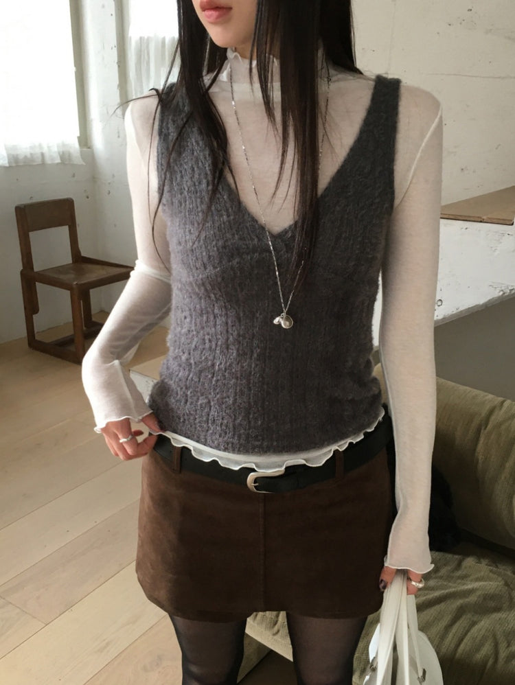 美色微透捲邊細節修身上衣