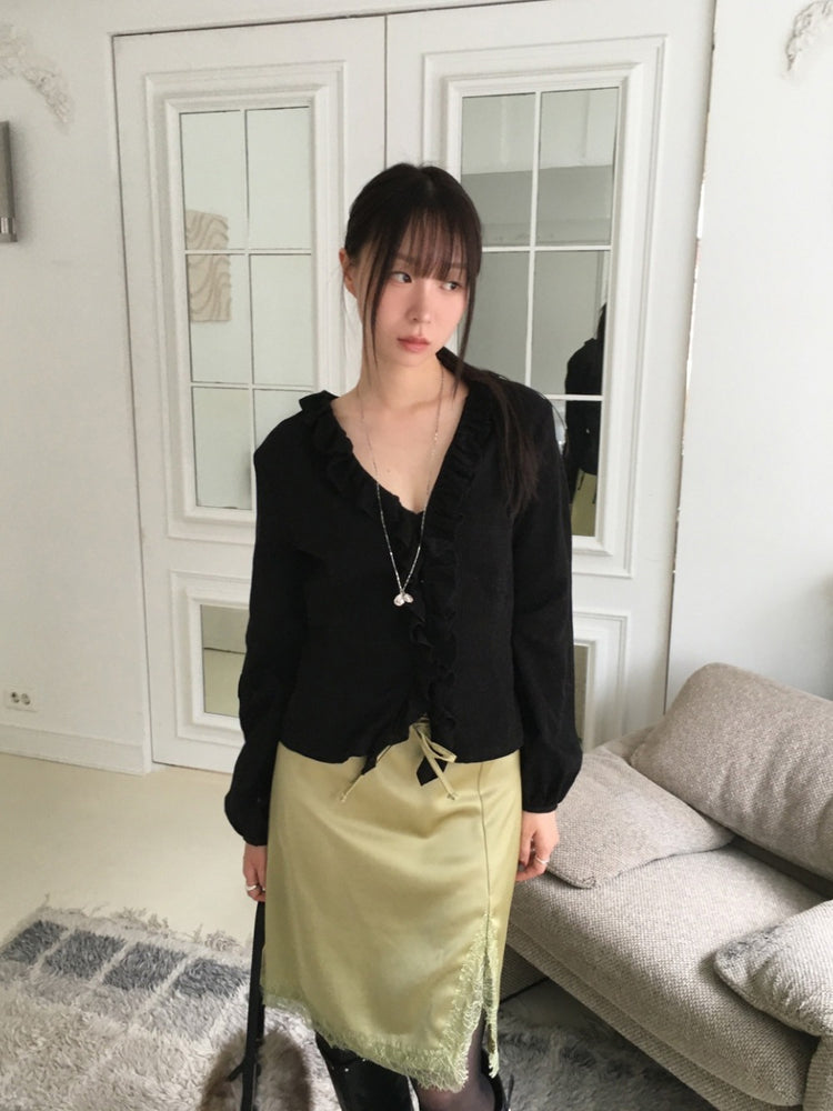 蕾絲邊霧光澤側小開叉半裙