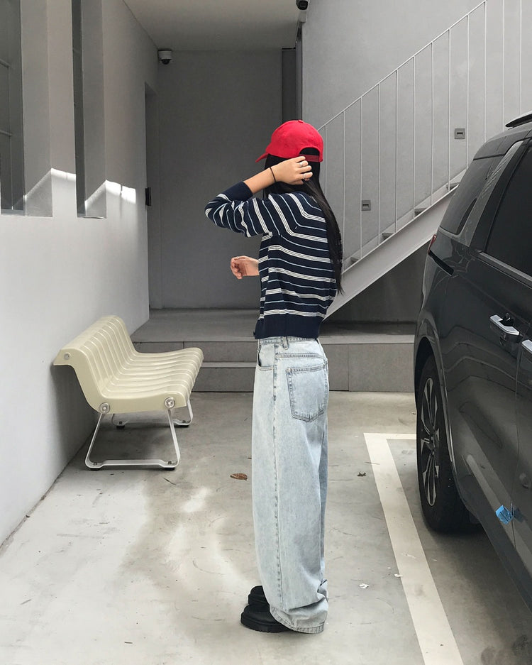 美色條紋排鈕針織外套