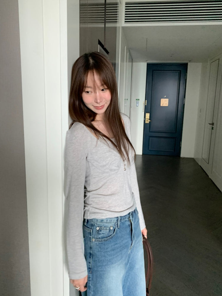 美鎖骨掛脖假兩件式上衣