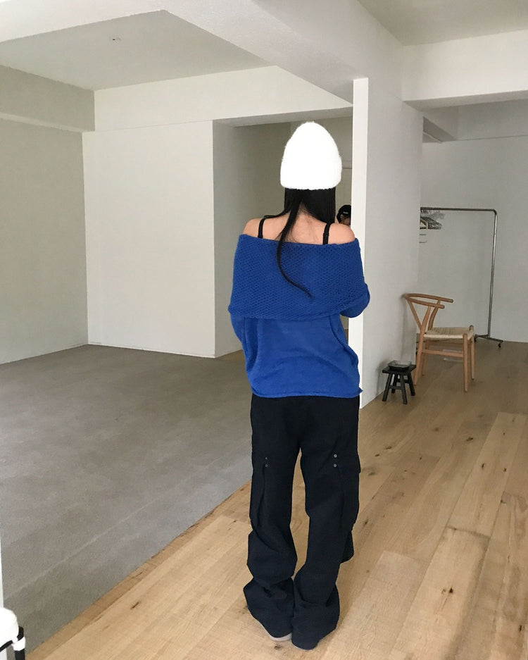 美肩微透紋理細節針織上衣