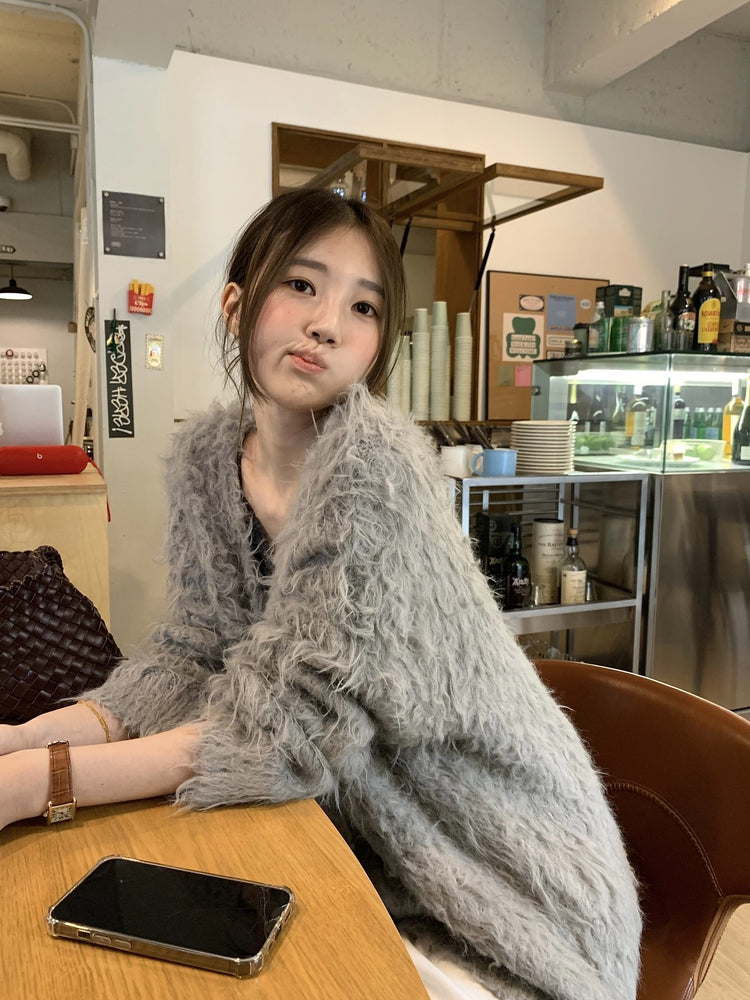 毛感細節排鈕寬鬆針織外套