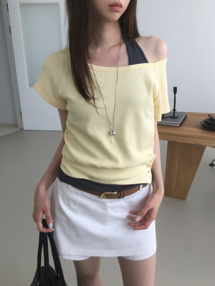 S/S 美肩撞色掛脖兩件式上衣