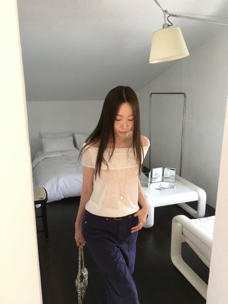 美肩坑紋反折針織上衣