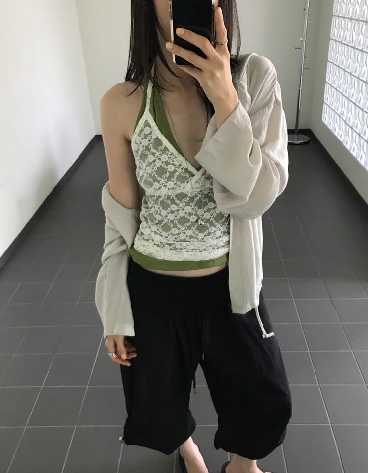 掛脖深V修腰上衣