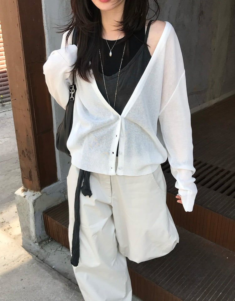 美色微透深V排鈕針織外套
