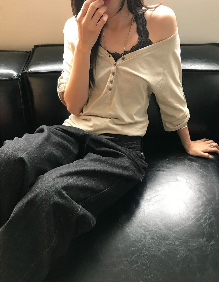 透膚拉克蘭捲袖細節上衣