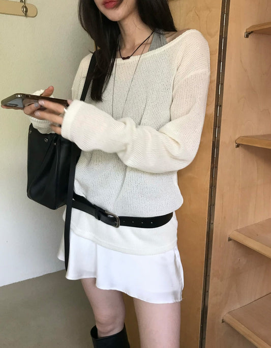美肩透膚格紋混色針織上衣