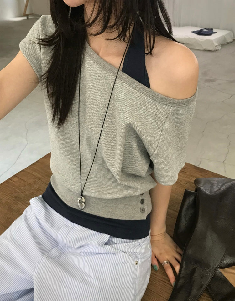 S/S 美肩撞色掛脖兩件式上衣