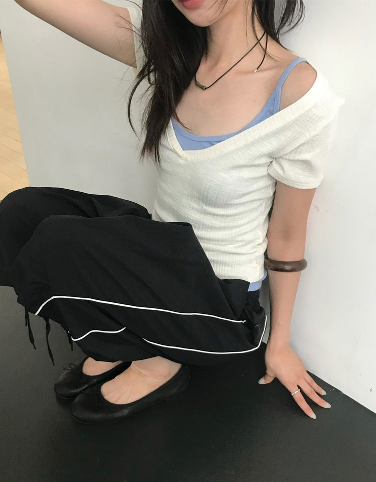 坑紋深V領修身上衣