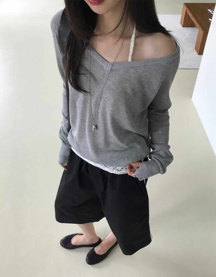 美色透膚V領針織上衣