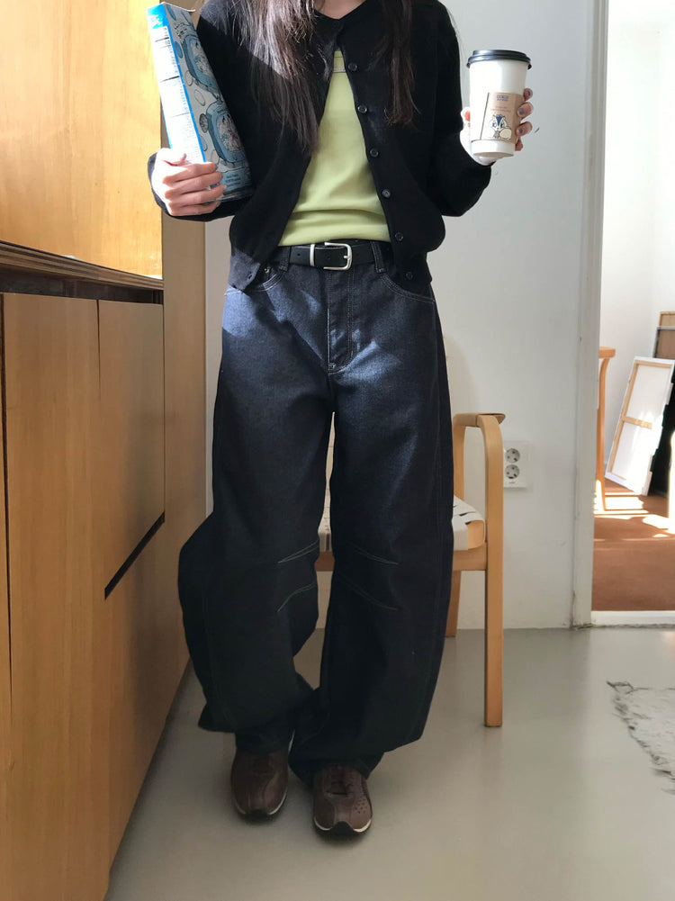 原色壓線細節彎月牛仔褲