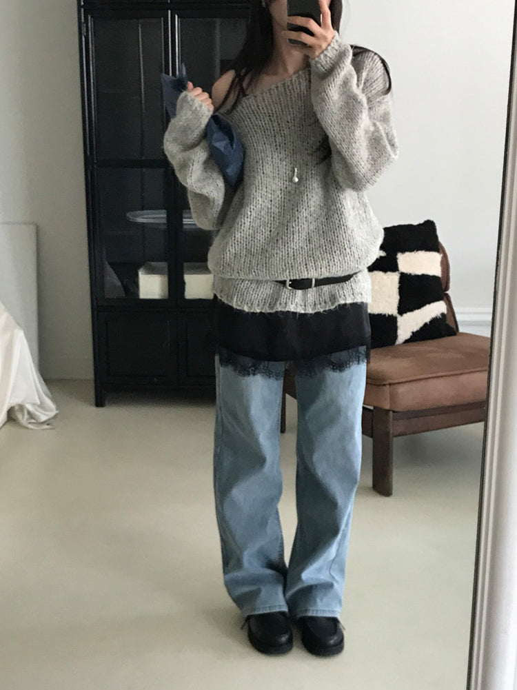 隱形橡筋腰頭直腿內刷毛牛仔褲