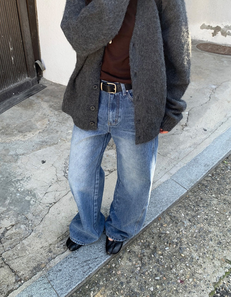 復古美刷色側前壓線細節牛仔褲