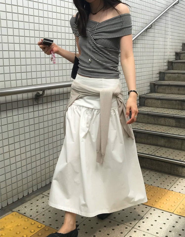 美肩條紋交疊細節上衣