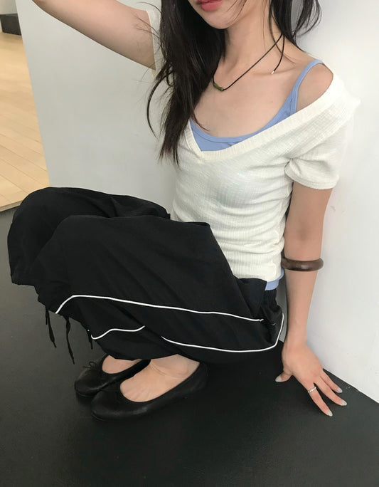 撞色側壓線休閒七分褲