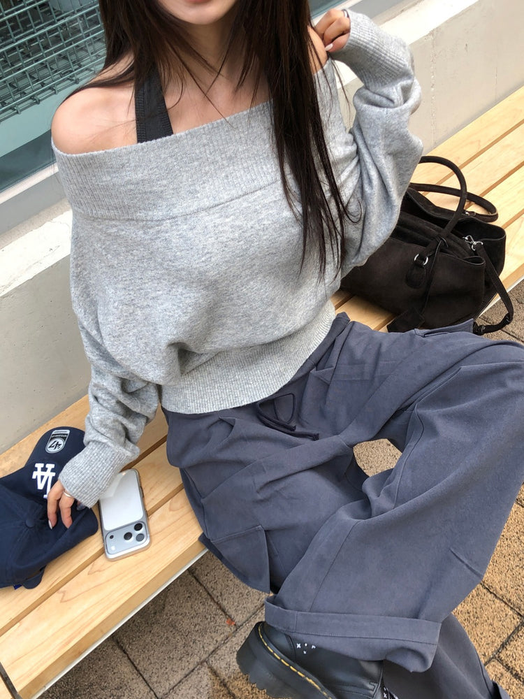 美肩寬帶寬鬆修腰針織上衣