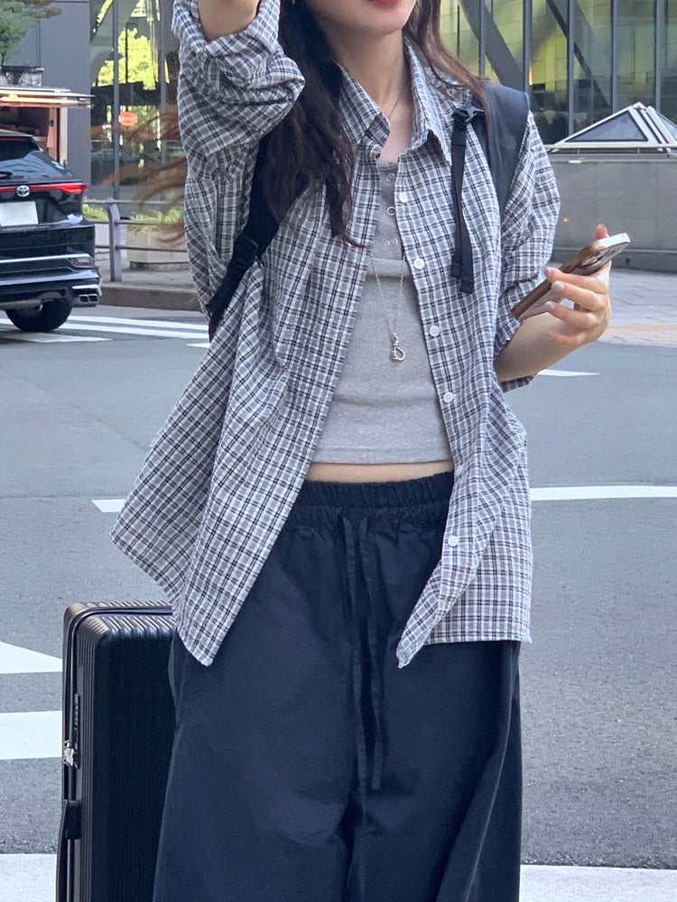 復古撞色格紋寬鬆襯衫