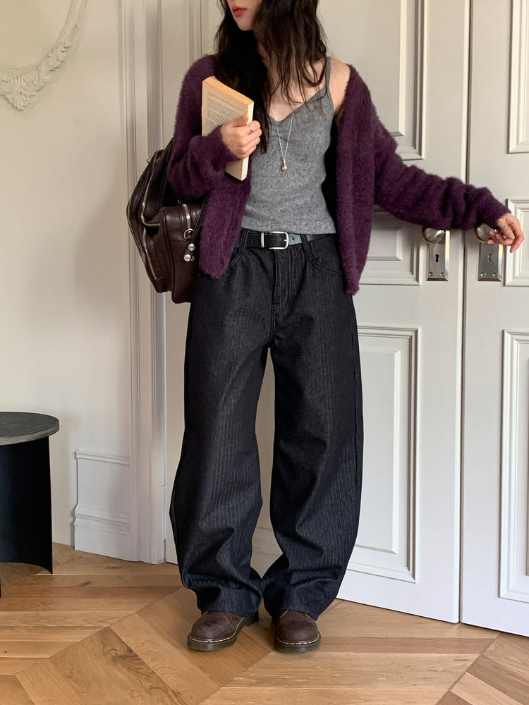 暗條紋細節繭型牛仔褲