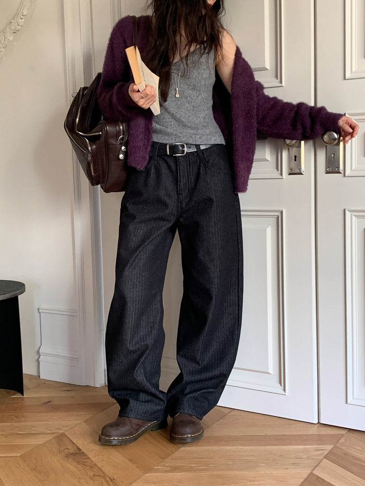 暗條紋細節繭型牛仔褲