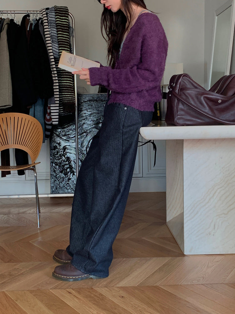 暗條紋細節繭型牛仔褲