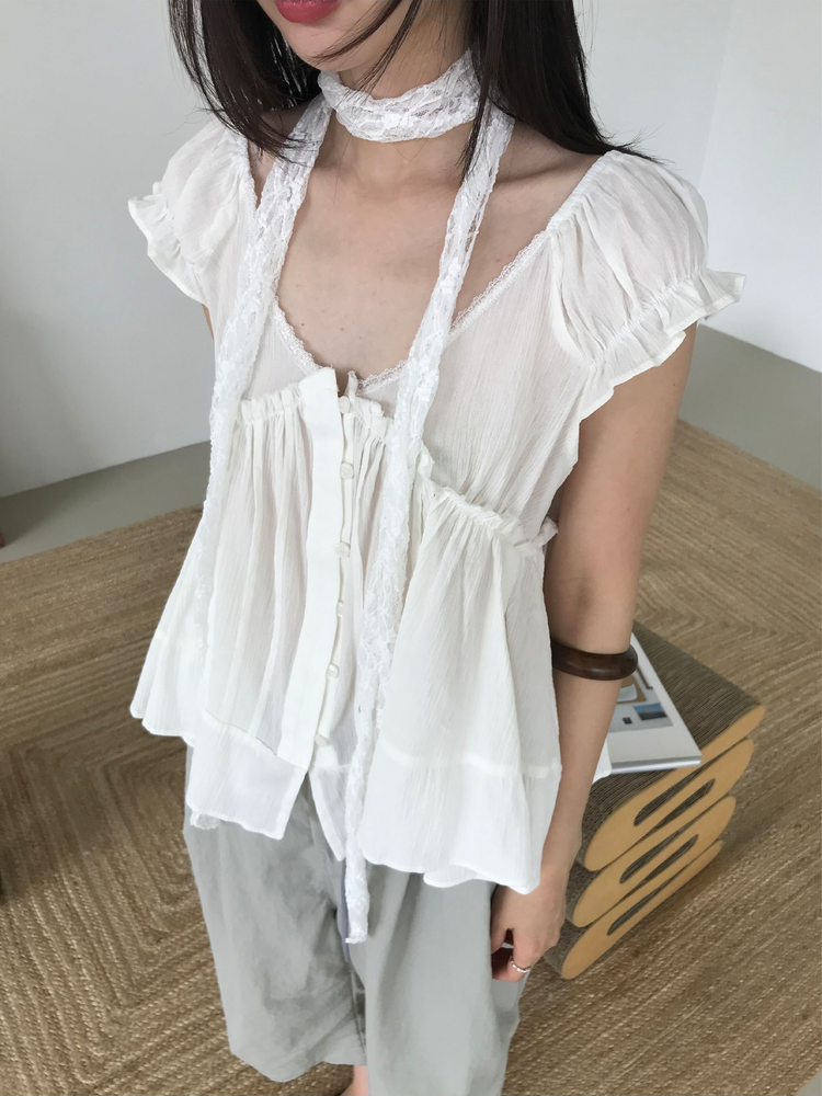 浪漫V領蕾絲胸壓線細節上衣