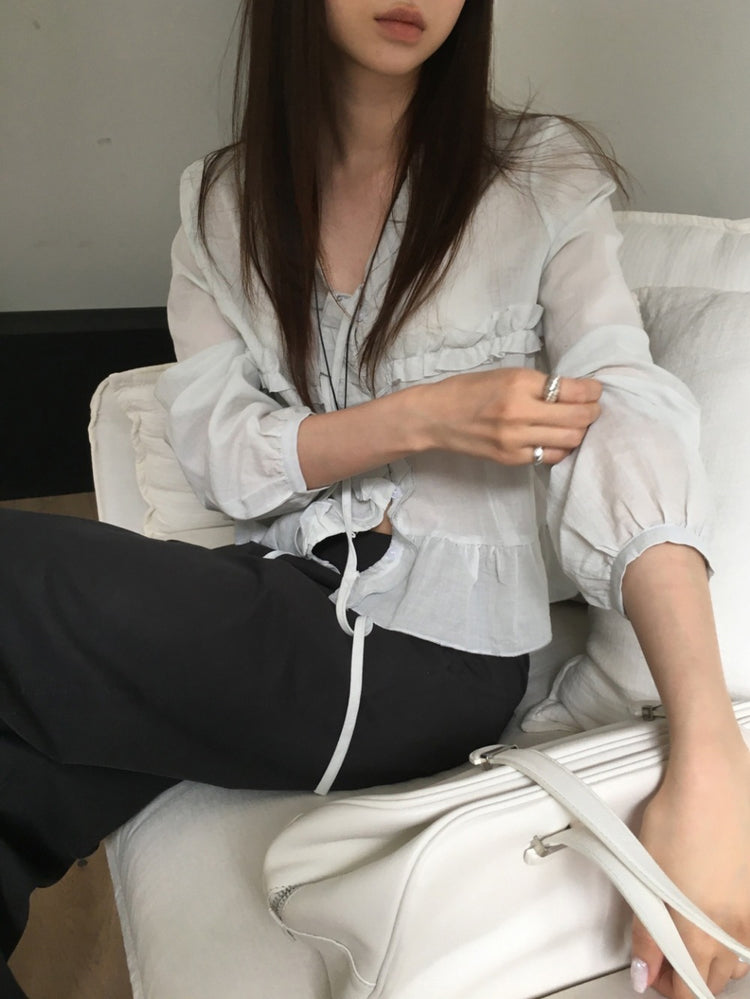 透膚荷葉邊垂帶上衣