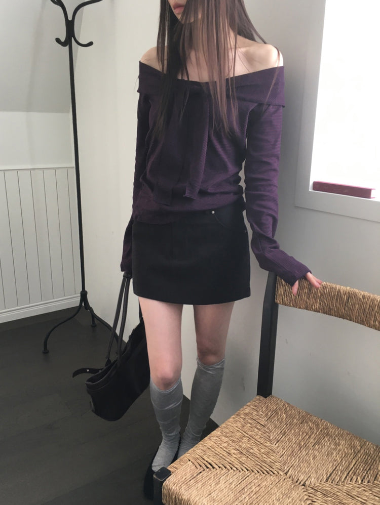 美肩垂帶領結條紋上衣