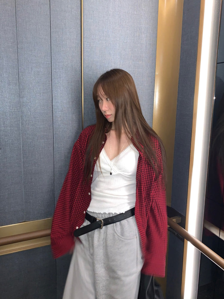 復古美色格紋寬鬆襯衫