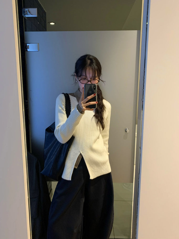 坑紋側開叉扣鈕細節針織上衣